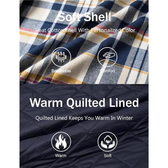 Men's Quilted Lined Flannel Hoodie Jacket Cotton Button Down Shirt Jacket - Picture 2 of 12